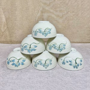 Bộ 6 bát ăn cơm Bát Tràng men kem vẽ hoa sen xanh