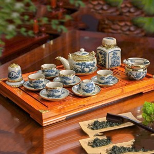 Bộ ấm chén Bát Tràng bọc đồng men rạn dáng Nhật đầy đủ phụ kiện (không khay gỗ)