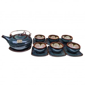 Bộ ấm chén Bát Tràng men hỏa biến dáng Giang Tây lòng chén hoa