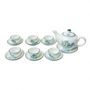 Bộ Ấm Chén Bát Tràng men kem hoa sen xanh dáng quả hồng