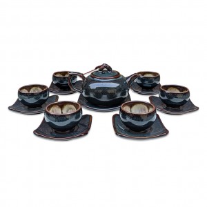 Bộ ấm chén men hỏa biến xanh ghi đúc lòng hoa dáng quả hồng