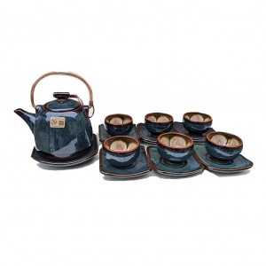 Bộ ấm chén men hỏa biến xanh lòng chén hoa dáng siêu