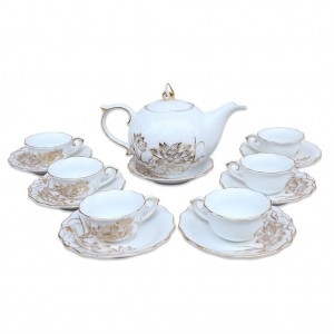 Bộ ấm chén men trắng vẽ hoa sen vàng kim