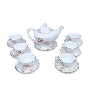 Bộ ấm chén men trắng vẽ hoa sen vàng kim dáng đèn thần