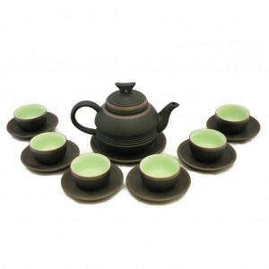 Bộ ấm chén tử sa Bát Tràng đai eo đen kẻ chỉ