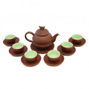 Bộ ấm chén tử sa Bát Tràng đai eo nâu kẻ chỉ