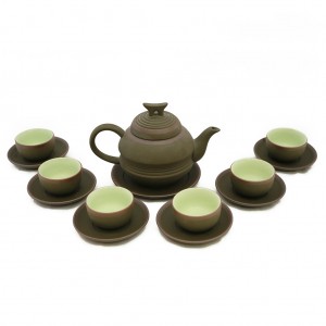 Bộ ấm chén tử sa Bát Tràng đai eo rêu kẻ chỉ