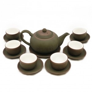Bộ ấm chén tử sa Bát Tràng dáng tống men rêu kẻ chỉ