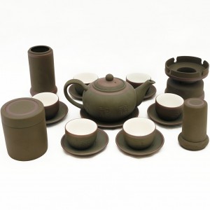 Bộ ấm chén tử sa Bát Tràng dáng tống men rêu kẻ chỉ đầy đủ phụ kiện