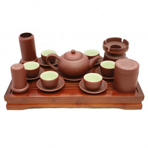 Bộ ấm chén tử sa Bát Tràng dáng tống nâu kẻ chỉ đầy đủ phụ kiện