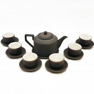 Bộ ấm chén tử sa Bát Tràng tích đen kẻ chỉ lòng trắng