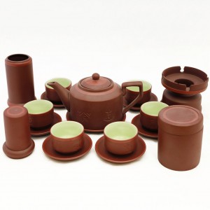 Bộ ấm chén tử sa Bát Tràng tích nâu kẻ chỉ đầy đủ phụ kiện