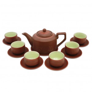 Bộ ấm chén tử sa Bát Tràng tích nâu kẻ chỉ lòng xanh