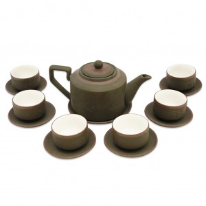 Bộ ấm chén tử sa Bát Tràng tích rêu kẻ chỉ lòng trắng