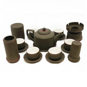 Bộ ấm chén tử sa Bát Tràng tích rêu kẻ chỉ lòng trắng đầy đủ phụ kiện