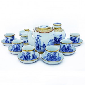 Bộ ấm tích Bát Tràng bọc đồng men lam Trúc Lâm Thất Hiền 1,5 lít đầy đủ phụ kiện