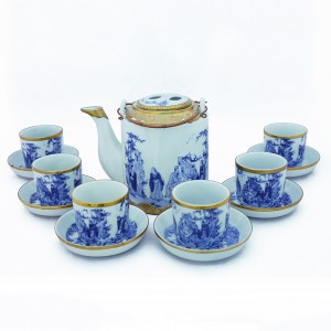 Bộ ấm tích Bát Tràng bọc đồng men lam Trúc Lâm Thất Hiền 1,5 lít