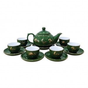 Ấm chén men xanh ngọc lục bảo vẽ Phúc Lộc Thọ dáng chóp