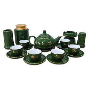 Bộ ấm trà Bát Tràng men xanh ngọc lục bảo vẽ vàng kim