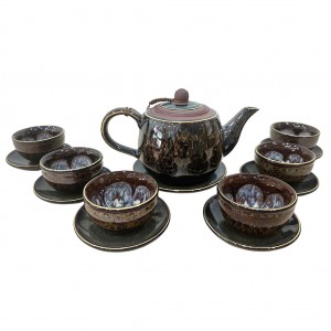 Bộ ấm trà tử sa hỏa biến Bát Tràng cao cấp mã não vẽ vàng