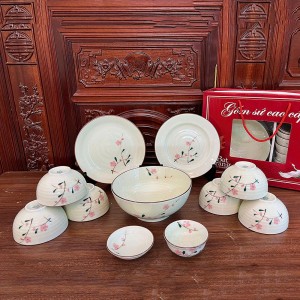 Bộ bát đĩa Bát Tràng 11 món cao cấp vẽ đào hồng