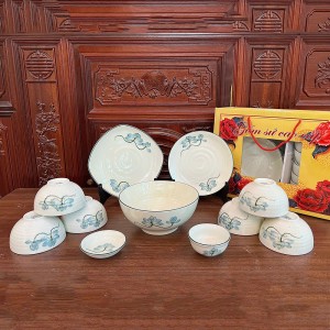 Bộ bát đĩa Bát Tràng 11 món làm quà tặng cao cấp vẽ hoa sen xanh