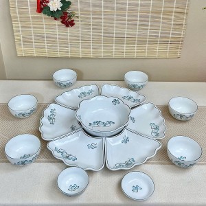 Bộ bát đĩa thắp hương hoa mặt trời mâm cúng gia tiên men trắng sen xanh 55cm