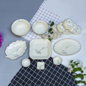 Bộ bát đĩa Bát Tràng men kem vẽ hoa Đào xanh mẫu 09