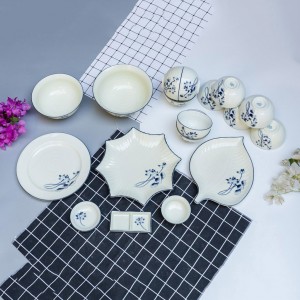 Bộ bát đĩa Bát Tràng men kem vẽ sen lam mẫu 02