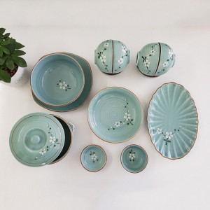 Bộ bát đĩa Bát Tràng men lam ngọc vẽ hoa Anh Đào 13 sản phẩm
