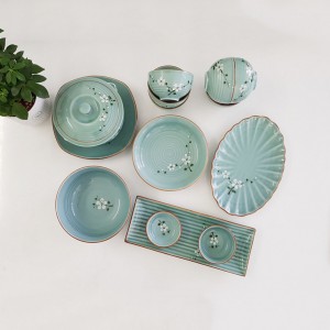 Bộ bát đĩa Bát Tràng men lam ngọc vẽ hoa Anh Đào trắng 14 sản phẩm