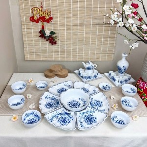 Bộ bát đĩa hoa mặt trời vẽ hoa Cẩm Tú Cầu cỡ bé đầy đủ