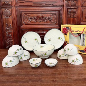 Bộ bát đĩa quà tặng Bát Tràng cao cấp vẽ đài sen