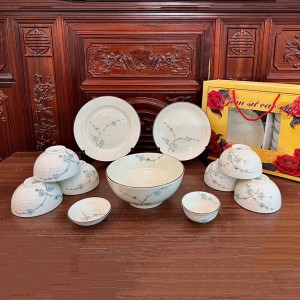 Bộ bát đĩa quà tặng Bát Tràng 11 món cao cấp vẽ đào xanh