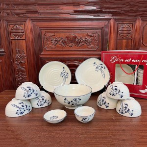 Bộ bát đĩa quà tặng Bát Tràng cao cấp vẽ sen lam