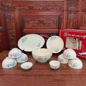 Bộ bát đĩa quà tặng Bát Tràng cao cấp vẽ sen xanh