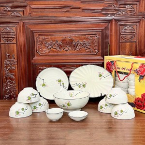Bộ bát đĩa quà tặng Bát Tràng cao cấp vẽ tay đài sen