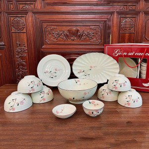 Bộ bát đĩa quà tặng Bát Tràng cao cấp vẽ tay đào hồng