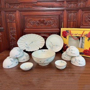 Bộ bát đĩa quà tặng Bát Tràng cao cấp vẽ tay đào xanh