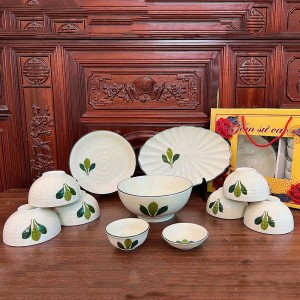 Bộ bát đĩa quà tặng Bát Tràng cao cấp vẽ tay ngò gai
