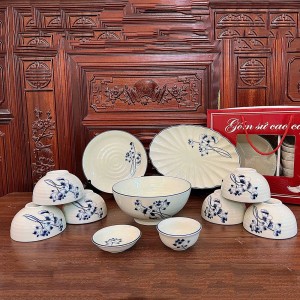 Bộ bát đĩa quà tặng Bát Tràng cao cấp vẽ tay sen lam