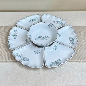 Bộ bát đĩa thờ cúng gia tiên vẽ hoa sen xanh nơ cỡ nhỏ 45cm 7 món