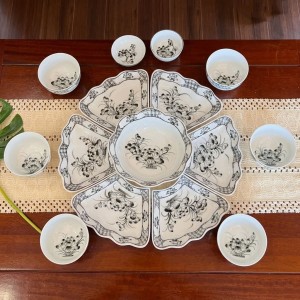 Bộ bát đĩa thờ cúng gia tiên vẽ Hoa Sen Tràm cỡ bé 15 món