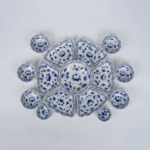 Bộ bát đĩa thờ cúng men lam vẽ Hoa Phù Dung Me cỡ to