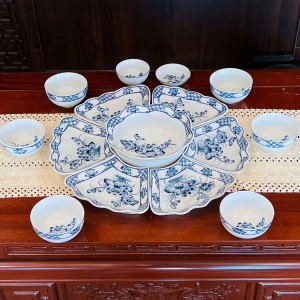 Bộ bát đĩa thờ cúng men trắng vẽ Hoa Sen cỡ to