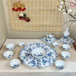 Bộ bát đĩa thờ cúng vẽ Hoa Sen men lam cỡ nhỏ đầy đủ