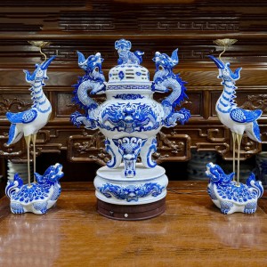 Bộ đỉnh hạc sứ men lam cao cấp