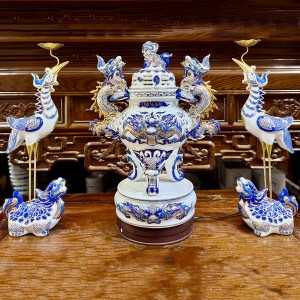 Bộ đỉnh hạc sứ men lam Van Phúc Trường An vẽ vàng cao cấp