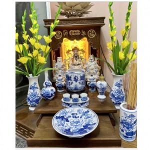 Bộ đồ thờ Ban Thần Tài men lam xanh