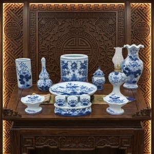 Bộ đồ thờ Bát Tràng men lam ngọc Lộc Phát ban thờ 1m07